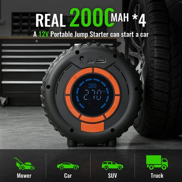 Alt view image 3 of 7 - Car Jump Starter with Air Compressor 12V Lithium Battery Booster Pack, Emergency Jump Box for Car Battery, Fast Charging Power Bank with Digital Display and LED Light for Roadside Emergencies