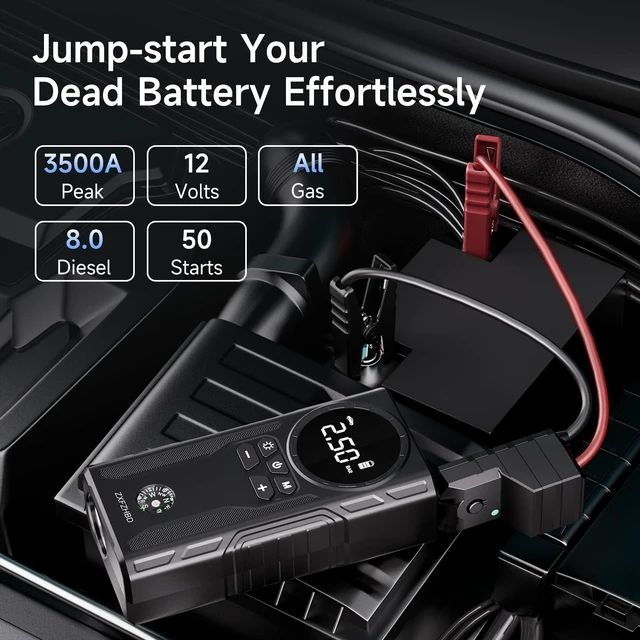 Alt view image 2 of 7 - Portable Jump Starter Car Battery Booster with Air Compressor 12V Auto Power Charger 3500 Peak Amps Heavy Duty Tire Inflator Includes Cables and Pack Box for Emergency Vehicle Start Tire Boost