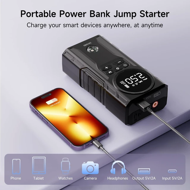 Alt view image 5 of 7 - Portable Jump Starter Car Battery Booster with Air Compressor 12V Auto Power Charger 3500 Peak Amps Heavy Duty Tire Inflator Includes Cables and Pack Box for Emergency Vehicle Start Tire Boost