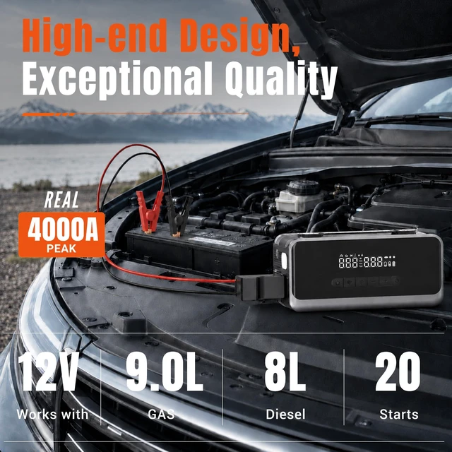 Alt view image 2 of 7 - Jump Starter with Air Compressor, 12V Portable Car Battery Jump Box | 4000A Peak Battery Booster with Mini Vacuum & Blower for Dust Cleaning, for Up to 9.0L Gas & 8.0L Diesel Engines