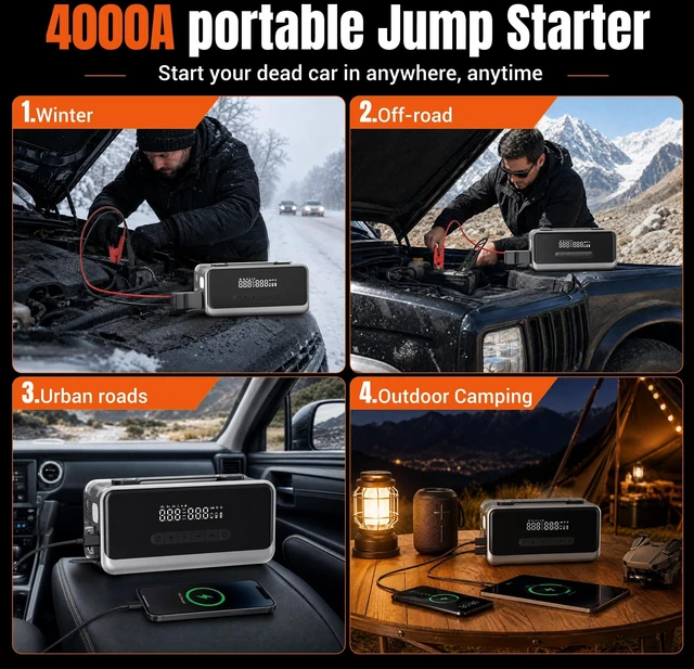 Alt view image 4 of 7 - Jump Starter with Air Compressor, 12V Portable Car Battery Jump Box | 4000A Peak Battery Booster with Mini Vacuum & Blower for Dust Cleaning, for Up to 9.0L Gas & 8.0L Diesel Engines