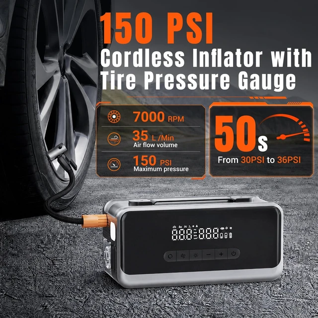 Alt view image 5 of 7 - Jump Starter with Air Compressor, 12V Portable Car Battery Jump Box | 4000A Peak Battery Booster with Mini Vacuum & Blower for Dust Cleaning, for Up to 9.0L Gas & 8.0L Diesel Engines