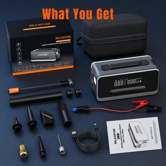 Alt view image 7 of 7 - Jump Starter with Air Compressor, 12V Portable Car Battery Jump Box | 4000A Peak Battery Booster with Mini Vacuum & Blower for Dust Cleaning, for Up to 9.0L Gas & 8.0L Diesel Engines