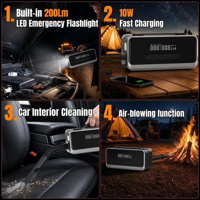 Alt view image 6 of 7 - Jump Starter with Air Compressor, 12V Portable Car Battery Jump Box | 4000A Peak Battery Booster with Mini Vacuum & Blower for Dust Cleaning, for Up to 9.0L Gas & 8.0L Diesel Engines