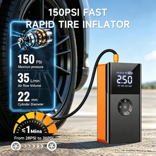 Alt view image 3 of 7 - 3000A Jump Starter with Air Compressor,12V Car Battery Jumper Starter | 150PSI Auto-Off Tire Inflation,Portable Car Starter Jump Box with Jumper Cables,400LM Light,12000mAh Power Bank,Storage Bag