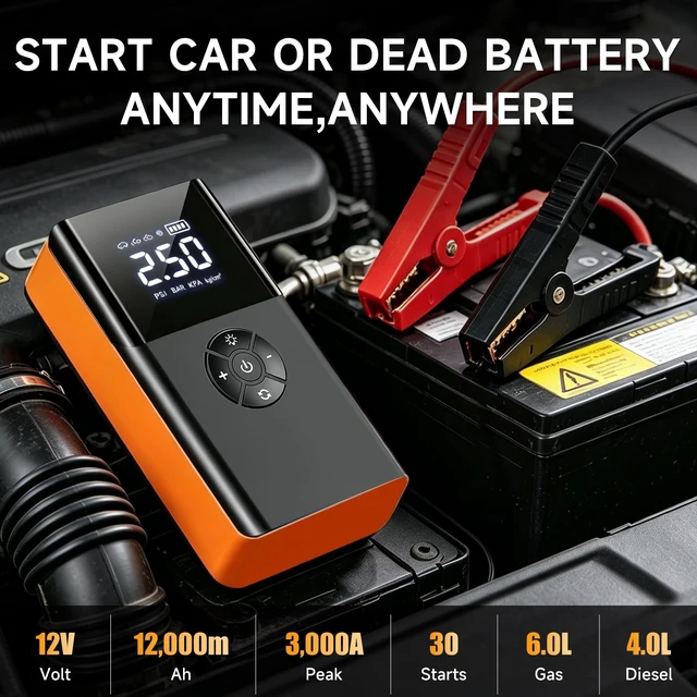 Alt view image 2 of 7 - 3000A Jump Starter with Air Compressor,12V Car Battery Jumper Starter | 150PSI Auto-Off Tire Inflation,Portable Car Starter Jump Box with Jumper Cables,400LM Light,12000mAh Power Bank,Storage Bag