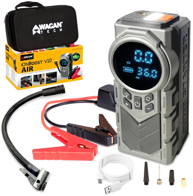 Main image of Wagan EL7603 iOnBoost V10 Air Jump Starter 1500A with Tire Inflator | 12V Portable Car Battery, Built-in LED Light and Power Bank, Compact Design, Up to 7.8L V10 or 3.0L Diesel, UL Certified