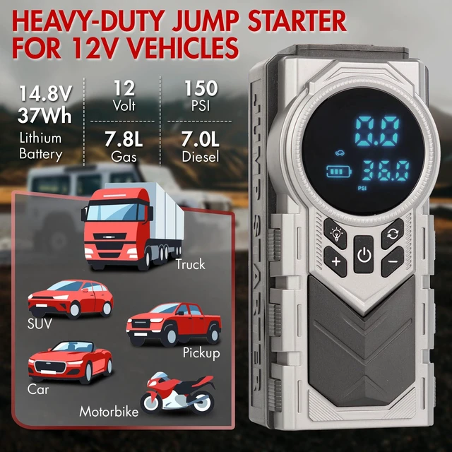 Alt view image 3 of 7 - Wagan EL7603 iOnBoost V10 Air Jump Starter 1500A with Tire Inflator | 12V Portable Car Battery, Built-in LED Light and Power Bank, Compact Design, Up to 7.8L V10 or 3.0L Diesel, UL Certified