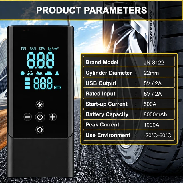 Alt view image 5 of 7 - Jump Starter with Air Compressor, 1000A Car Battery Booster | 150 PSI Tire Inflator, 12V Portable Power Bank with Emergency LED Torch, for 10L Gasoline and 8L Diesel Engines