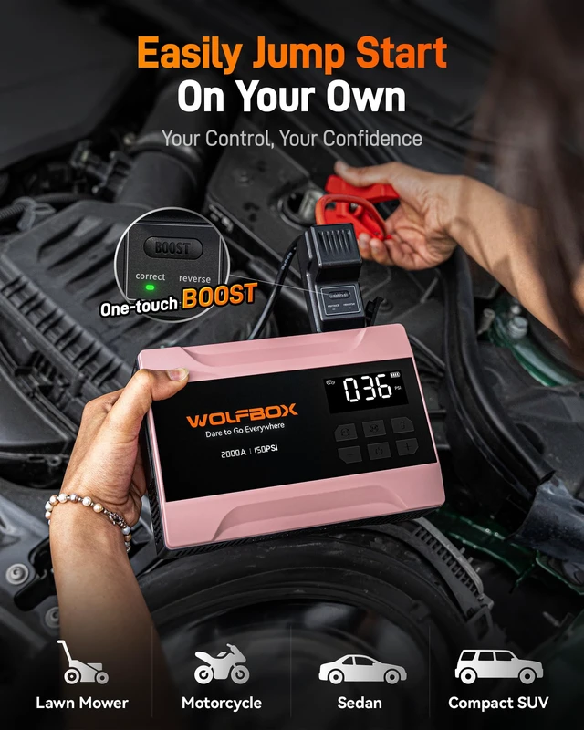 Alt view image 3 of 7 - MV10A 2000A Jump Starter with Air Compressor, Portable 12V Jump Box | Car Battery Booster Power Pack (5L Gas/3L Diesel), Spark-Proof, 150PSI Tire Inflator, Power Bank, Jumper Cables & LED Light
