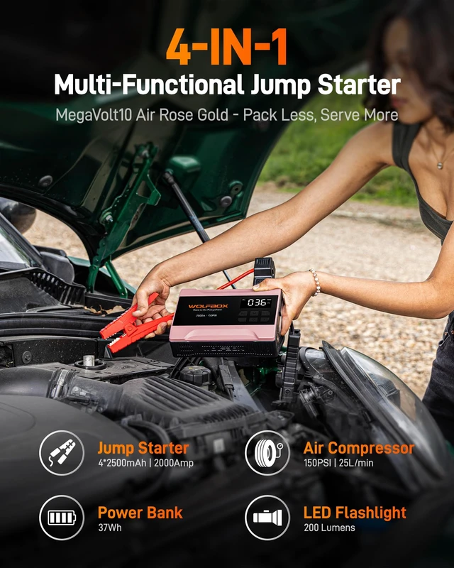 Alt view image 2 of 7 - MV10A 2000A Jump Starter with Air Compressor, Portable 12V Jump Box | Car Battery Booster Power Pack (5L Gas/3L Diesel), Spark-Proof, 150PSI Tire Inflator, Power Bank, Jumper Cables & LED Light