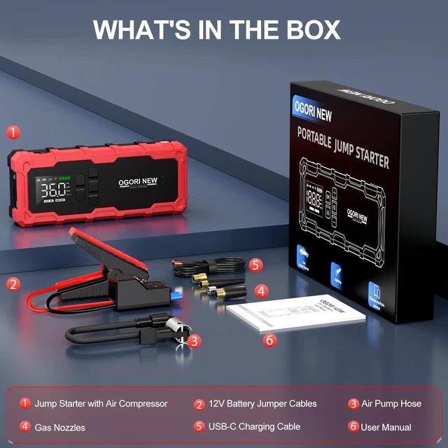 Alt view image 7 of 7 - 7000A Jump Starter with Air Compressor, 21800mAh 150PSI Portable Car Battery Jump Starter (All Gas/16L Diesel), 12V Supersafe Jump Box Car Battery Booster with Jumper Cables, Lights
