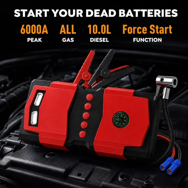 Alt view image 4 of 7 - Hoklen Car Jump Starter with Built-in Air Compressor, Portable Car Battery Jump Box, Multifunctional Tire Inflator, Emergency Car Battery Booster Pack for Cars, Motorcycles, Trucks
