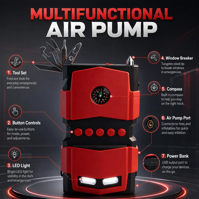 Alt view image 2 of 7 - Hoklen Car Jump Starter with Built-in Air Compressor, Portable Car Battery Jump Box, Multifunctional Tire Inflator, Emergency Car Battery Booster Pack for Cars, Motorcycles, Trucks