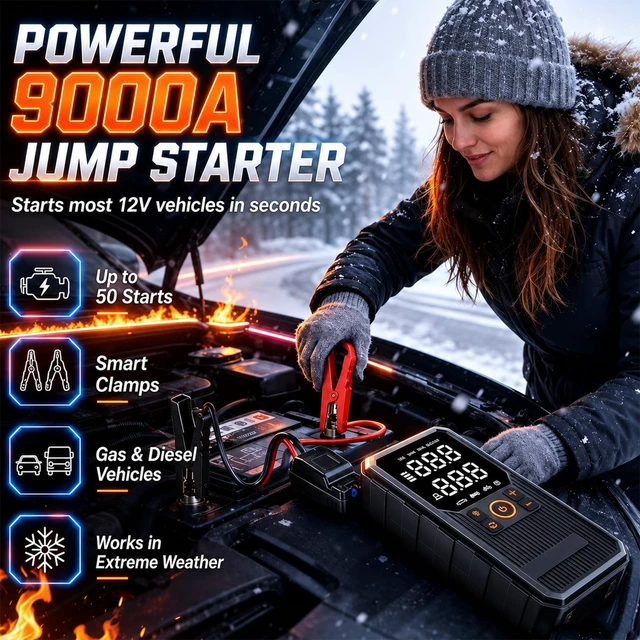 Alt view image 3 of 6 - 9000A Jump Starter with Air Compressor, Portable Tire Inflator, German-Tech Fast-Charging Power Bank Car Battery Booster for Car Owners Camping, Road Trips, Family Safety & Gift Giving