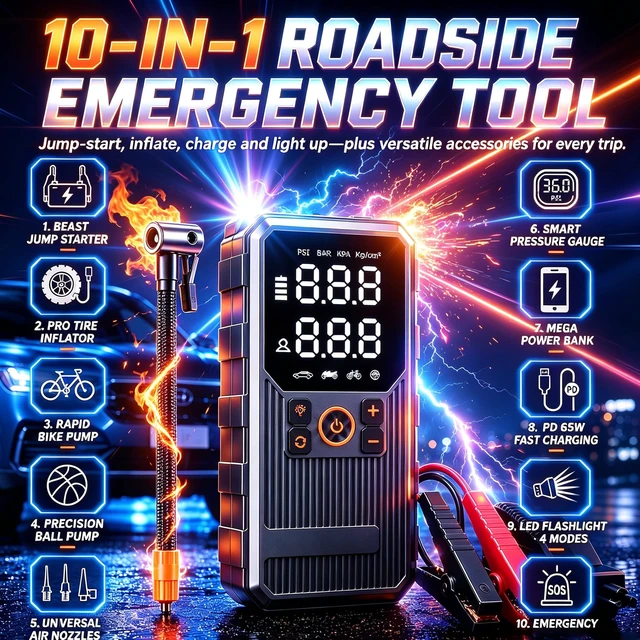 Alt view image 2 of 6 - 9000A Jump Starter with Air Compressor, Portable Tire Inflator, German-Tech Fast-Charging Power Bank Car Battery Booster for Car Owners Camping, Road Trips, Family Safety & Gift Giving
