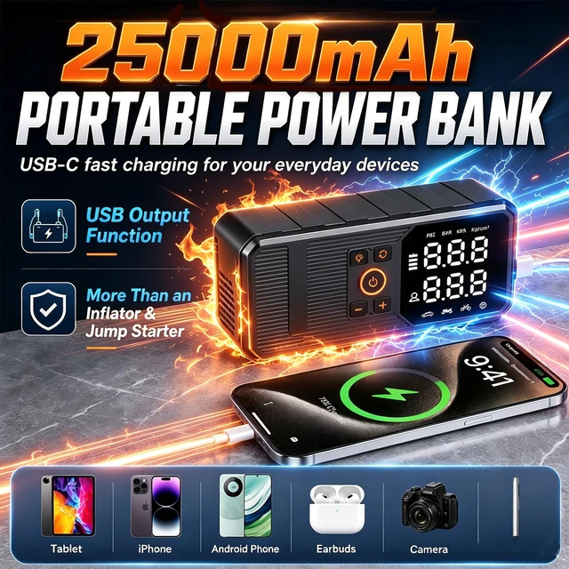 Alt view image 5 of 6 - 9000A Jump Starter with Air Compressor, Portable Tire Inflator, German-Tech Fast-Charging Power Bank Car Battery Booster for Car Owners Camping, Road Trips, Family Safety & Gift Giving