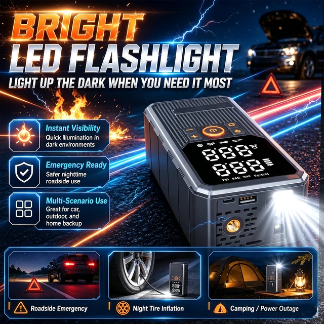 Alt view image 6 of 6 - 9000A Jump Starter with Air Compressor, Portable Tire Inflator, German-Tech Fast-Charging Power Bank Car Battery Booster for Car Owners Camping, Road Trips, Family Safety & Gift Giving