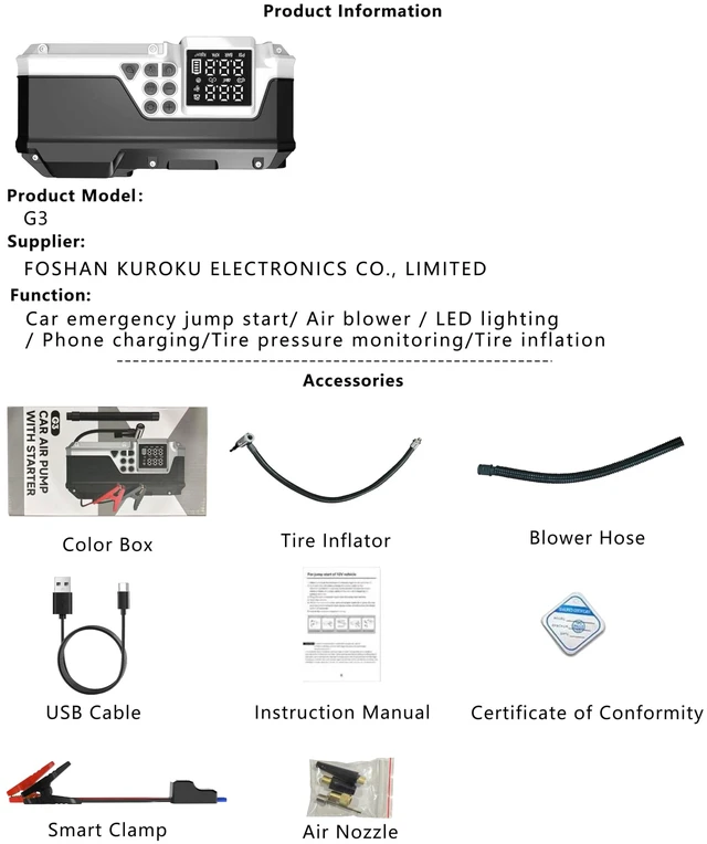 Alt view image 2 of 7 - Oivjckx G3 Car Jump Starter with Air Compressor | 1000A Peak, 12000mAh Portable Battery Booster, 150PSI Tire Inflator, 60W PD Charge, LED Flashlight