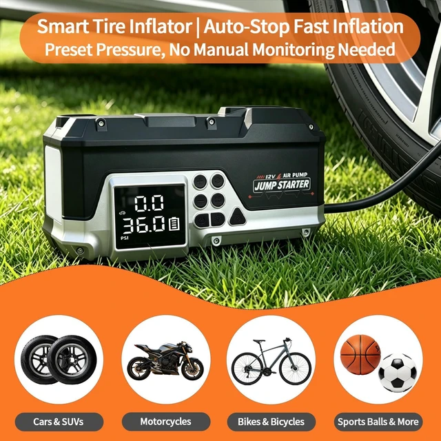 Alt view image 3 of 7 - Oivjckx G3 Car Jump Starter with Air Compressor | 1000A Peak, 12000mAh Portable Battery Booster, 150PSI Tire Inflator, 60W PD Charge, LED Flashlight