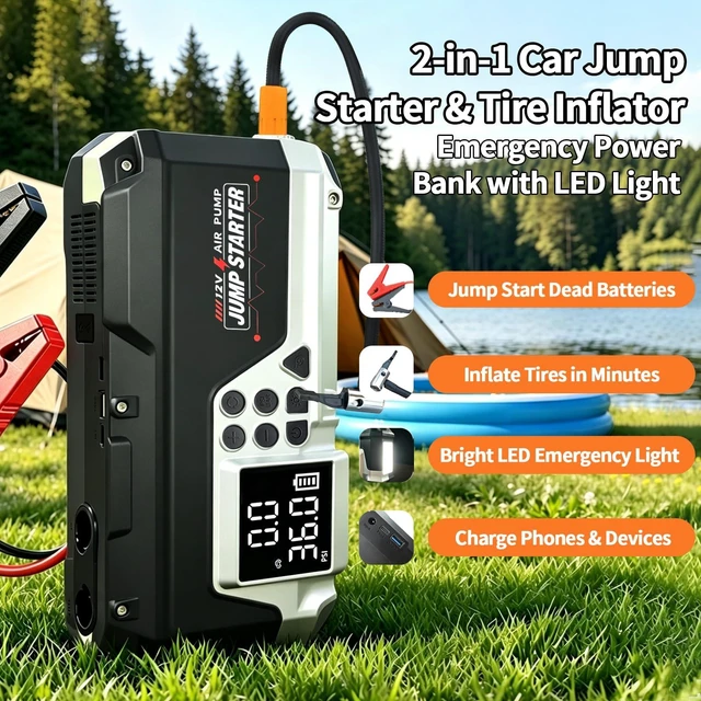 Alt view image 4 of 7 - Oivjckx G3 Car Jump Starter with Air Compressor | 1000A Peak, 12000mAh Portable Battery Booster, 150PSI Tire Inflator, 60W PD Charge, LED Flashlight