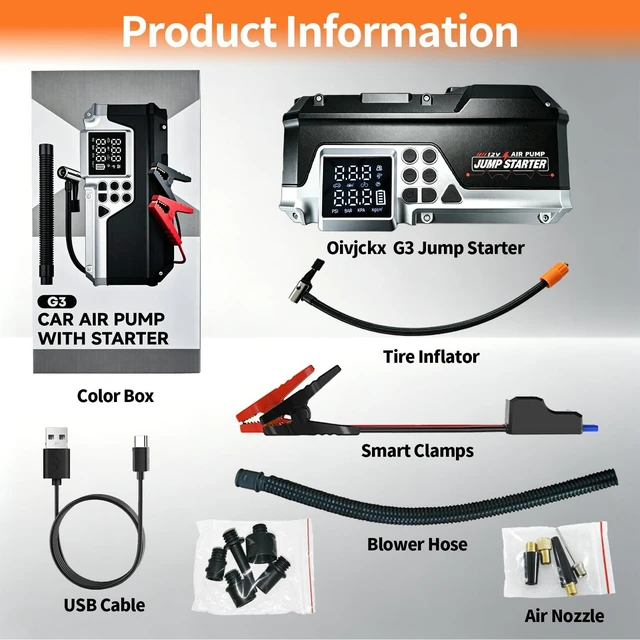 Alt view image 5 of 7 - Oivjckx G3 Car Jump Starter with Air Compressor | 1000A Peak, 12000mAh Portable Battery Booster, 150PSI Tire Inflator, 60W PD Charge, LED Flashlight