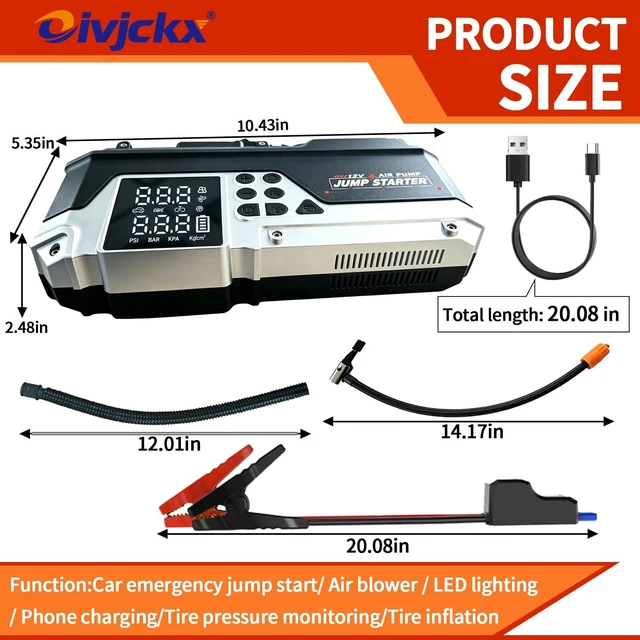 Alt view image 6 of 7 - Oivjckx G3 Car Jump Starter with Air Compressor | 1000A Peak, 12000mAh Portable Battery Booster, 150PSI Tire Inflator, 60W PD Charge, LED Flashlight