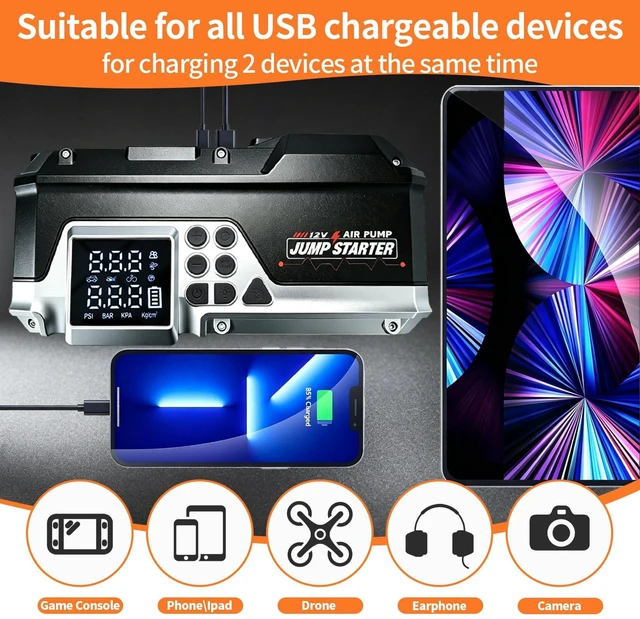 Alt view image 7 of 7 - Oivjckx G3 Car Jump Starter with Air Compressor | 1000A Peak, 12000mAh Portable Battery Booster, 150PSI Tire Inflator, 60W PD Charge, LED Flashlight