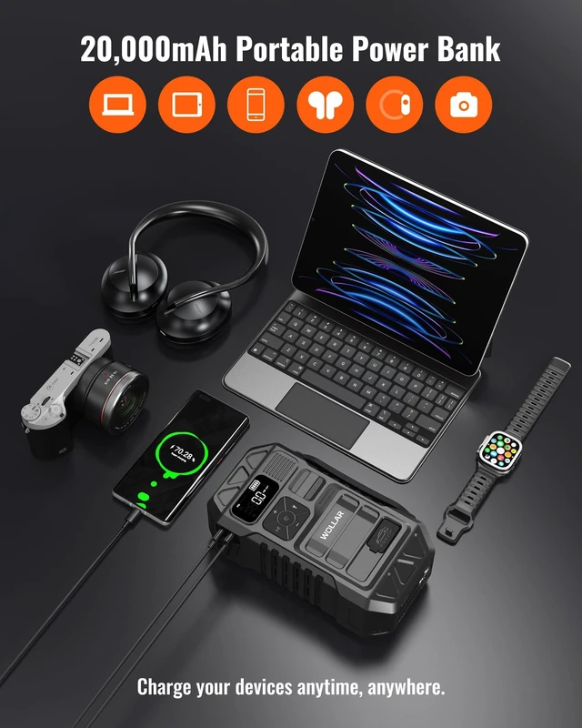 Alt view image 5 of 7 - WOLLAR 3000A Peak Jump Starter with Air Compressor - 5-in-1 Car Battery Jumper Starter, 12V Portable 160PSI Dual-Cylinder Ultra-Fast Tire Inflator, 20000mAh 74Wh Jump Box for 9.0L Gas/Diesel Engines