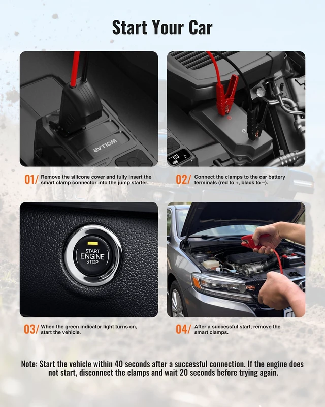 Alt view image 7 of 7 - WOLLAR 3000A Peak Jump Starter with Air Compressor - 5-in-1 Car Battery Jumper Starter, 12V Portable 160PSI Dual-Cylinder Ultra-Fast Tire Inflator, 20000mAh 74Wh Jump Box for 9.0L Gas/Diesel Engines