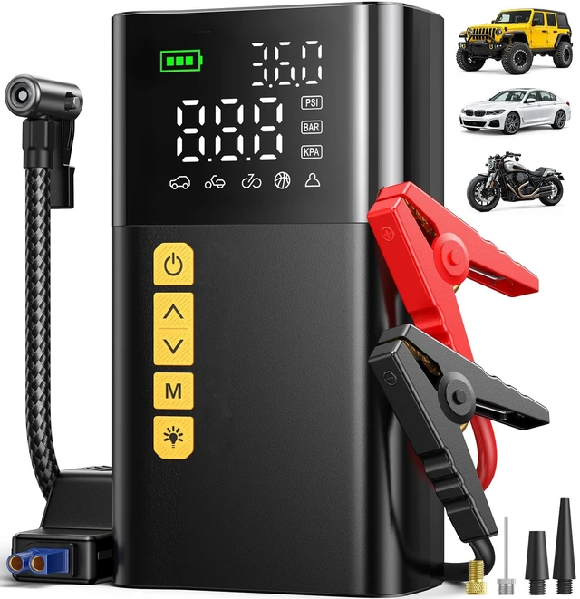Main image of Jump Starter with Air Compressor 150PSI, Portable Car Battery Jump Starter | Jumper Starter Portable with Tire Inflator, 12V Jump Box (9.0L Gas/7.0L Diesel), Jumper Cables, LED Light, Gift for Men Dad