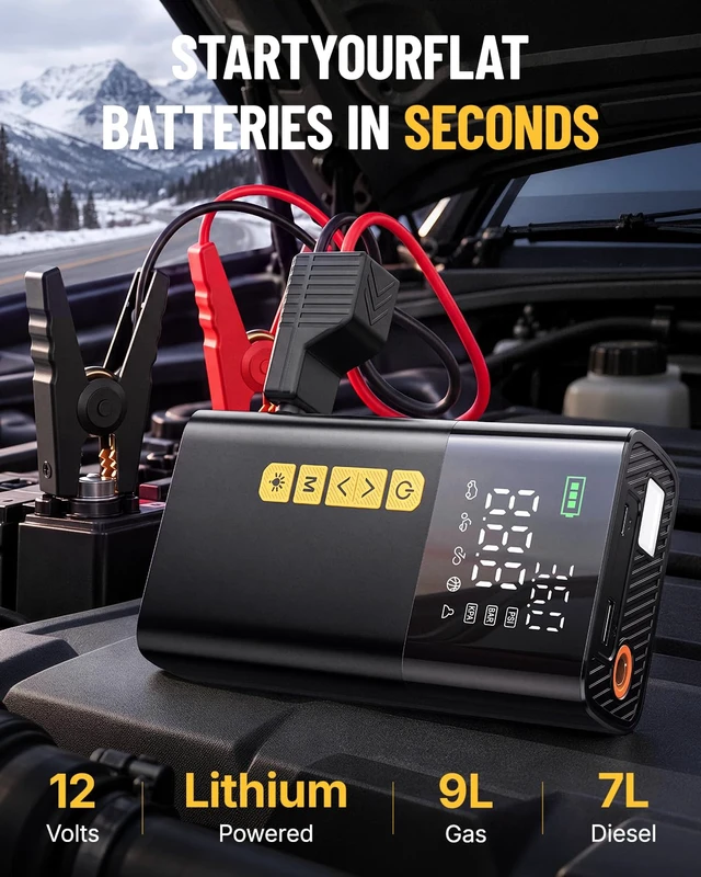 Alt view image 2 of 7 - Jump Starter with Air Compressor 150PSI, Portable Car Battery Jump Starter | Jumper Starter Portable with Tire Inflator, 12V Jump Box (9.0L Gas/7.0L Diesel), Jumper Cables, LED Light, Gift for Men Dad