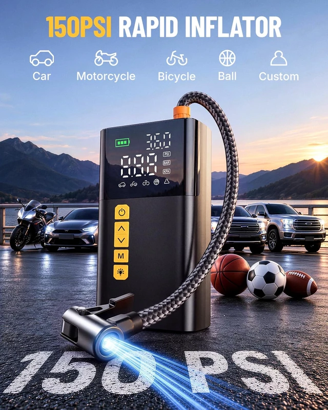 Alt view image 4 of 7 - Jump Starter with Air Compressor 150PSI, Portable Car Battery Jump Starter | Jumper Starter Portable with Tire Inflator, 12V Jump Box (9.0L Gas/7.0L Diesel), Jumper Cables, LED Light, Gift for Men Dad
