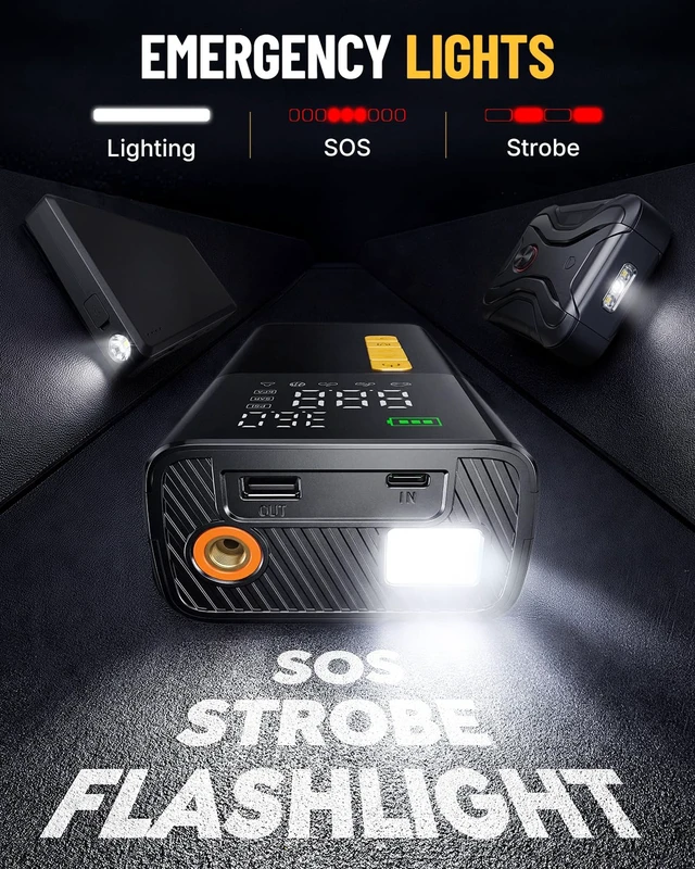 Alt view image 5 of 7 - Jump Starter with Air Compressor 150PSI, Portable Car Battery Jump Starter | Jumper Starter Portable with Tire Inflator, 12V Jump Box (9.0L Gas/7.0L Diesel), Jumper Cables, LED Light, Gift for Men Dad