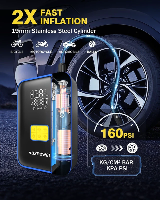 Alt view image 4 of 7 - Auxpower 3000A Portable Car Jump Starter with 150PSI Tire Inflator | 8000mAh Power Bank 160PSI Auto-Stop Car Tire Pump 10 Safety Protections Accessories for Car