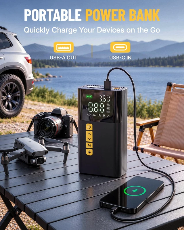 Alt view image 6 of 7 - Jump Starter with Air Compressor 150PSI, Portable Car Battery Jump Starter | Jumper Starter Portable with Tire Inflator, 12V Jump Box (9.0L Gas/7.0L Diesel), Jumper Cables, LED Light, Gift for Men Dad