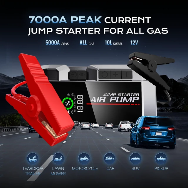 Alt view image 2 of 7 - 7000A Car Jump Starter with Air Compressor, 35000mAh Portable Car Battery Charger, Jump Starter Battery Pack (All Gas/10.0L Diesel), 150PSI Tire Inflator, 70 Starts 12V Auto Battery Booster