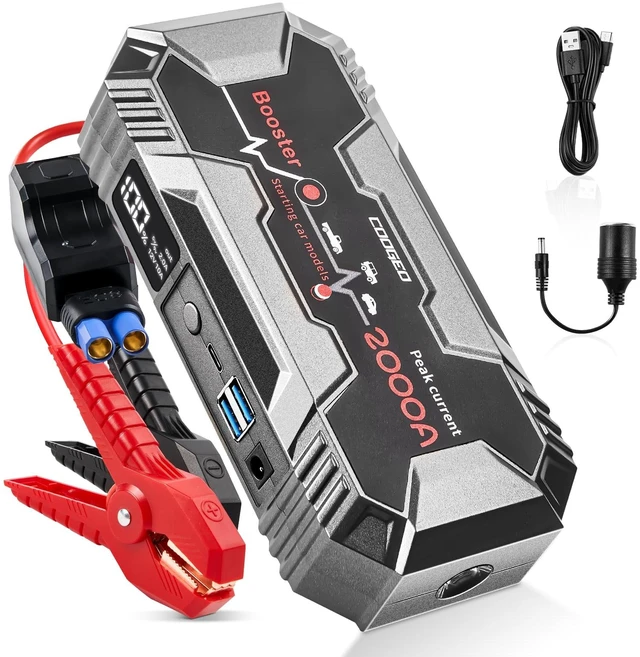 Main image of Car Battery Jump Starter Portable, 2000A Jump Starter Battery Pack for 8.0L Gasoline and 6.0L Diesel Engines, 12V Jump Box for Car Battery with EC8 Jumper Cables, Black