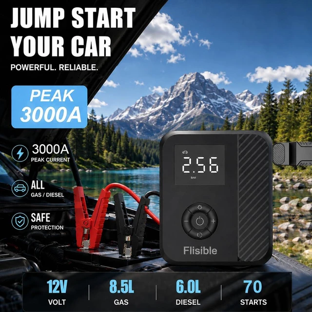 Alt view image 2 of 6 - Car Jump Starter with Air Compressor, Jump Box Car Battery & 160PSI 45L/Min 3000A Auto Tire Inflator with LCD Display, Lights (8.5L Gas/ 5.5L Diesel)