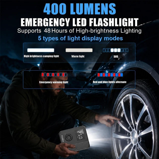 Alt view image 5 of 6 - Car Jump Starter with Air Compressor, Jump Box Car Battery & 160PSI 45L/Min 3000A Auto Tire Inflator with LCD Display, Lights (8.5L Gas/ 5.5L Diesel)