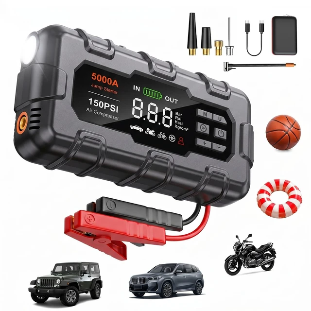 Main image of THEKUKU Jump Starter with Air Compressor, 5000A Car Battery Jumper Starter Portable, 12V Jump Box with Display,PD 45W,LED Light, Jumper Cables, and Storage Case