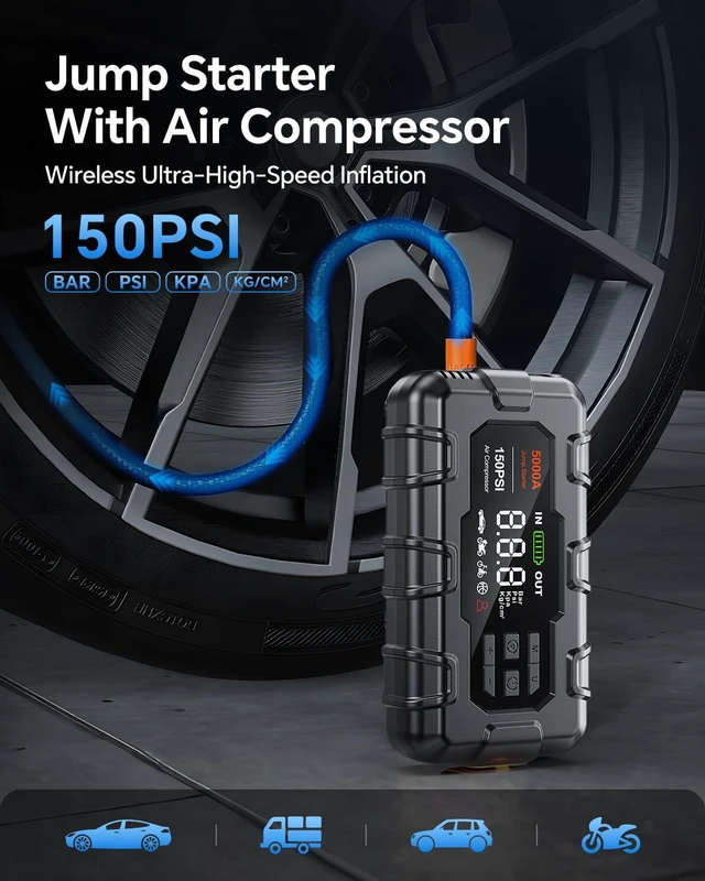 Alt view image 2 of 7 - THEKUKU Jump Starter with Air Compressor, 5000A Car Battery Jumper Starter Portable, 12V Jump Box with Display,PD 45W,LED Light, Jumper Cables, and Storage Case