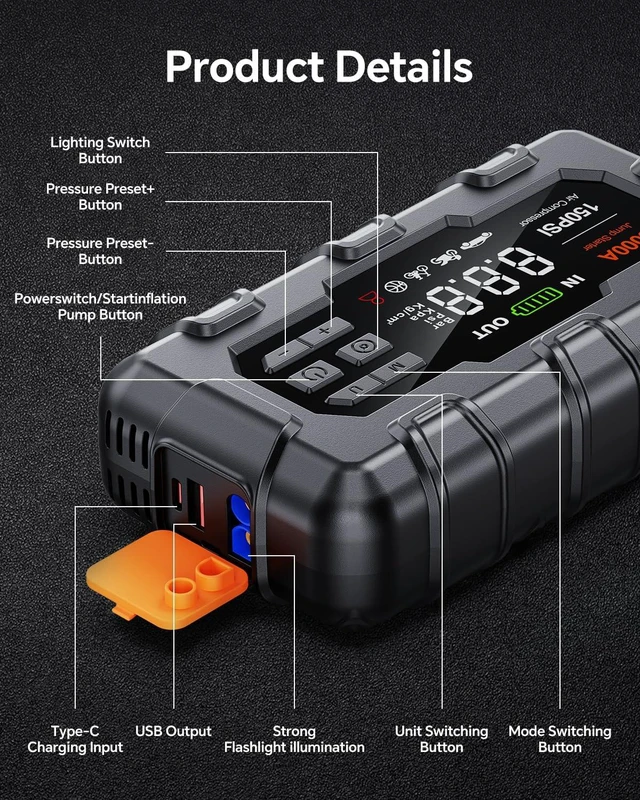 Alt view image 6 of 7 - THEKUKU Jump Starter with Air Compressor, 5000A Car Battery Jumper Starter Portable, 12V Jump Box with Display,PD 45W,LED Light, Jumper Cables, and Storage Case