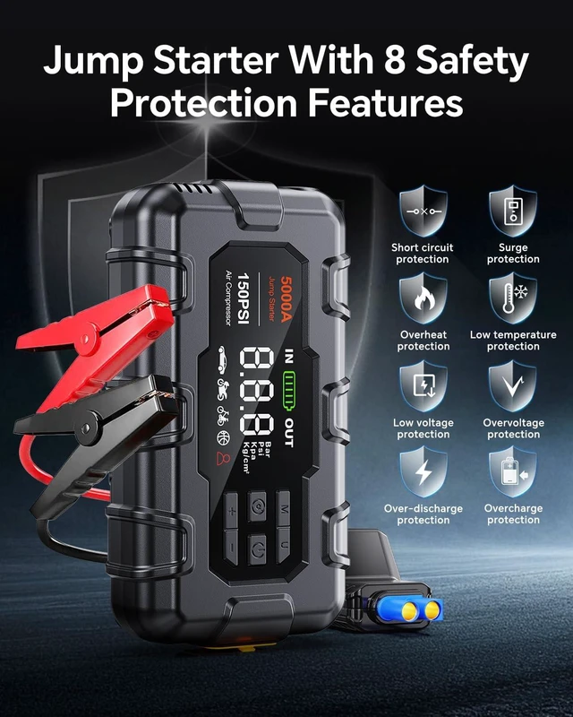 Alt view image 7 of 7 - THEKUKU Jump Starter with Air Compressor, 5000A Car Battery Jumper Starter Portable, 12V Jump Box with Display,PD 45W,LED Light, Jumper Cables, and Storage Case