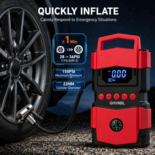 Alt view image 6 of 7 - Portable Car Jump Starter with Air Compressor, 150PSI 3X Fast Inflation, Multi-Function Emergency Kit with LED Light, Power Bank, Safety Tools, Digital Display
