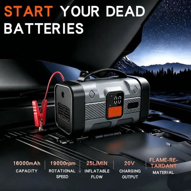 Alt view image 2 of 7 - 150PSI Jump Starter with Air Compressor, 12V Car Battery Booster | 8.0L Gas/6.0L Diesel, Cordless Tire Inflator, 16000mAh USB-C Fast Charging Powerbank, All-in-One Emergency Jump Box