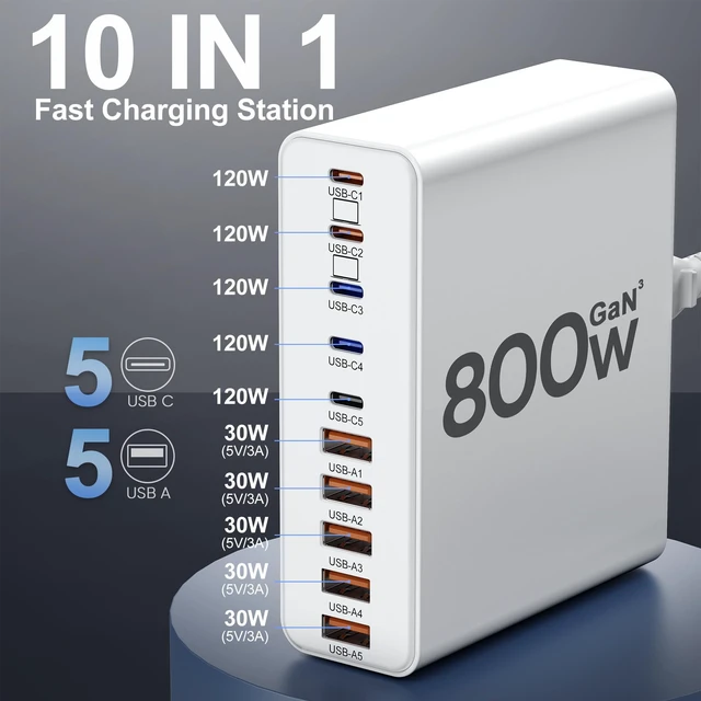 Alt view image 2 of 13 - 800W USB C Charger Block,10-Port GaN Charging Station | Aexhend Fast Charging Type C & USB A Wall Charger Adapter for MacBook Pro/Air,iPhone,iPad,Dell XPS,Samsung Galaxy(White)