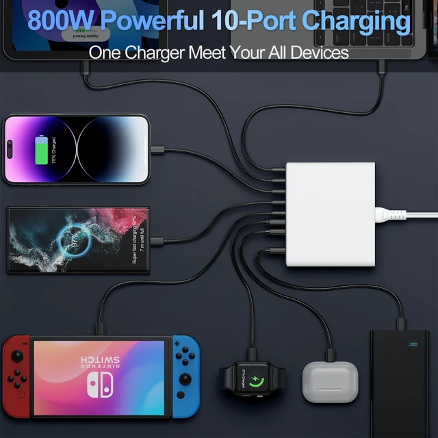 Alt view image 4 of 13 - 800W USB C Charger Block,10-Port GaN Charging Station | Aexhend Fast Charging Type C & USB A Wall Charger Adapter for MacBook Pro/Air,iPhone,iPad,Dell XPS,Samsung Galaxy(White)