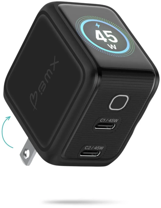 Main image of Gansta USB-C GaN Mobile Charger - 2-Port Dual USB-C with Smart LCD Display | Compact Black 45W Fast Charger for iPhone, iPad & MacBook Air, Foldable Plug