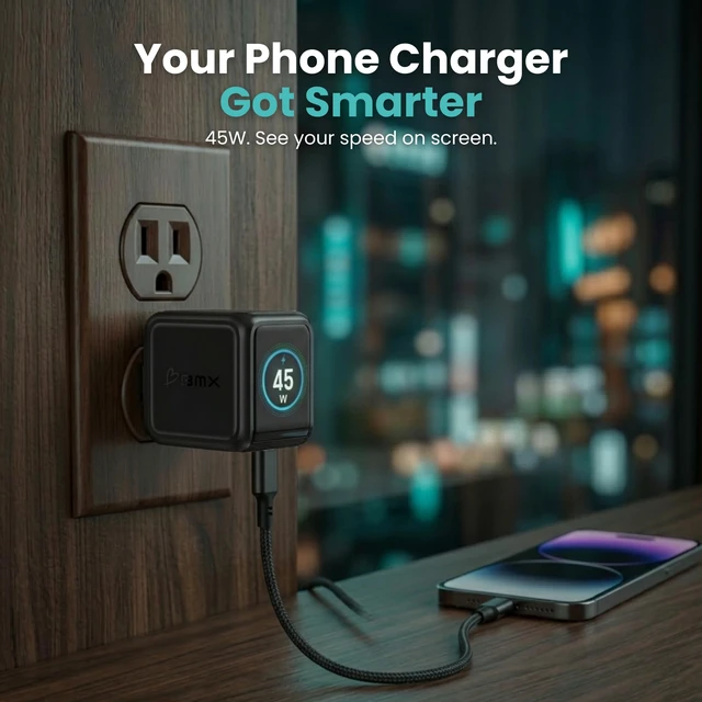 Alt view image 2 of 13 - Gansta USB-C GaN Mobile Charger - 2-Port Dual USB-C with Smart LCD Display | Compact Black 45W Fast Charger for iPhone, iPad & MacBook Air, Foldable Plug